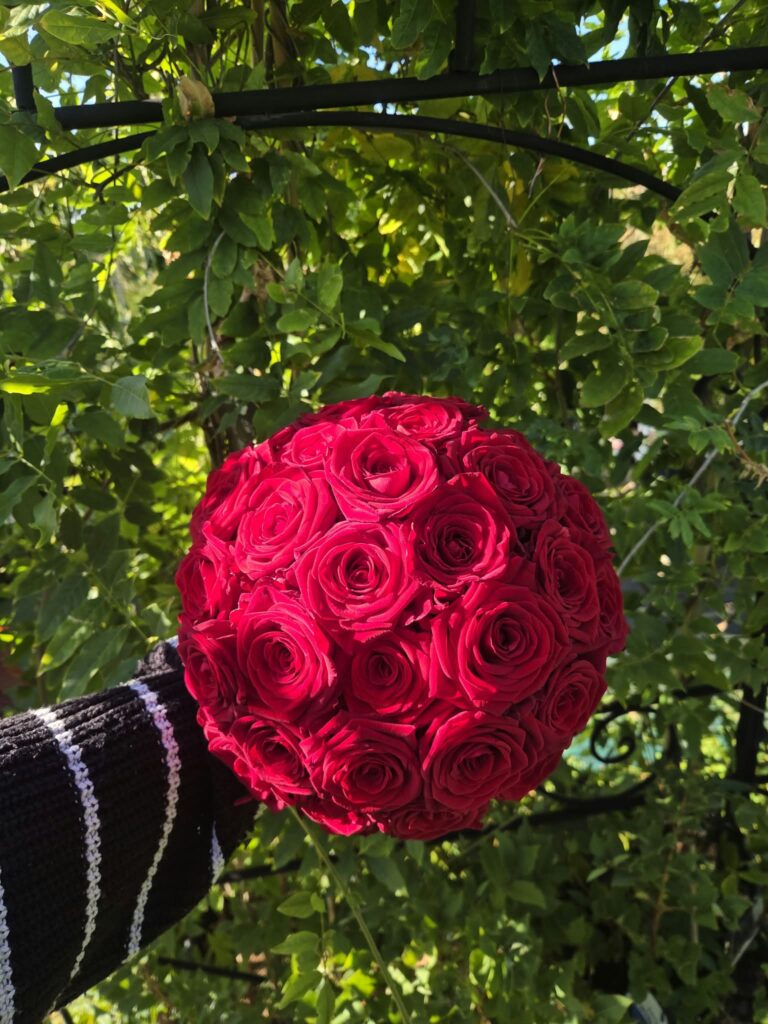 Bouquet de mariée en forme de boule, composé uniquement de roses rouges serrées, tenu à la main en extérieur