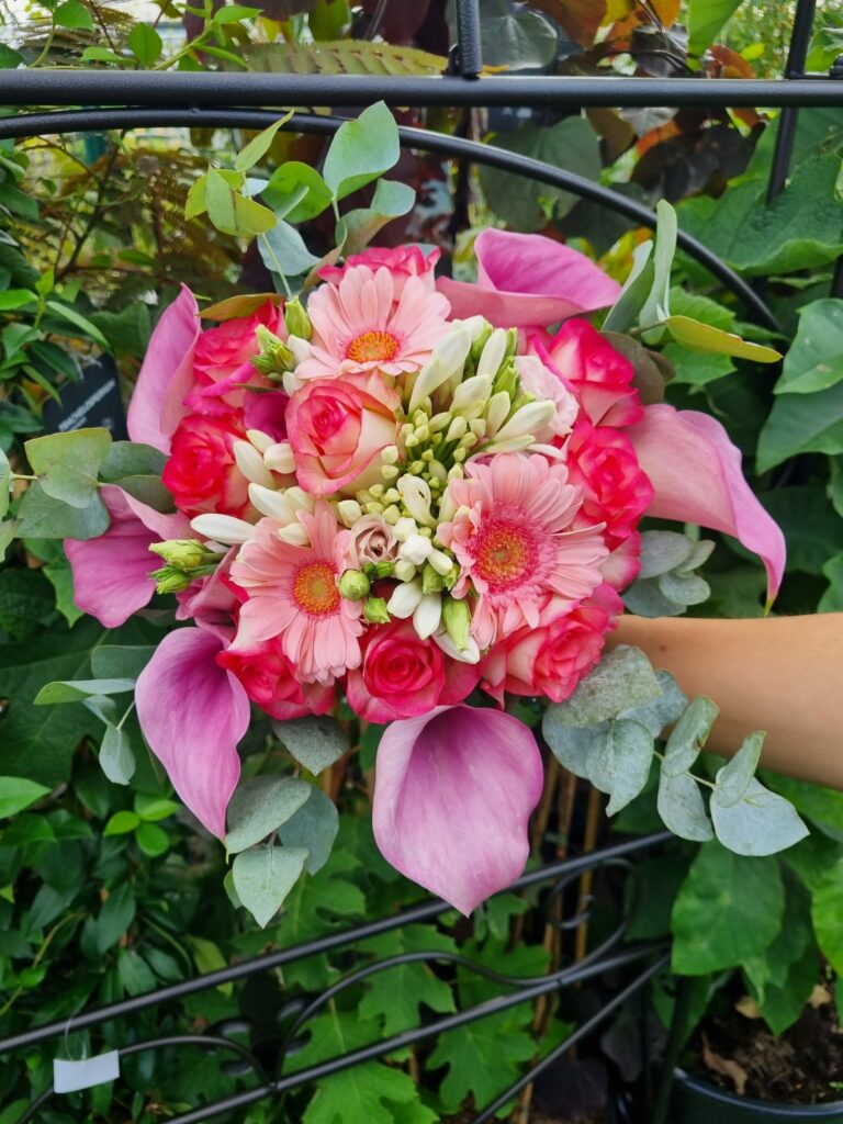 Bouquet de mariée aux tons roses tenu à la main : arums roses, gerberas rose pâle, roses fuchsia, ornithogales blancs et eucalyptus
