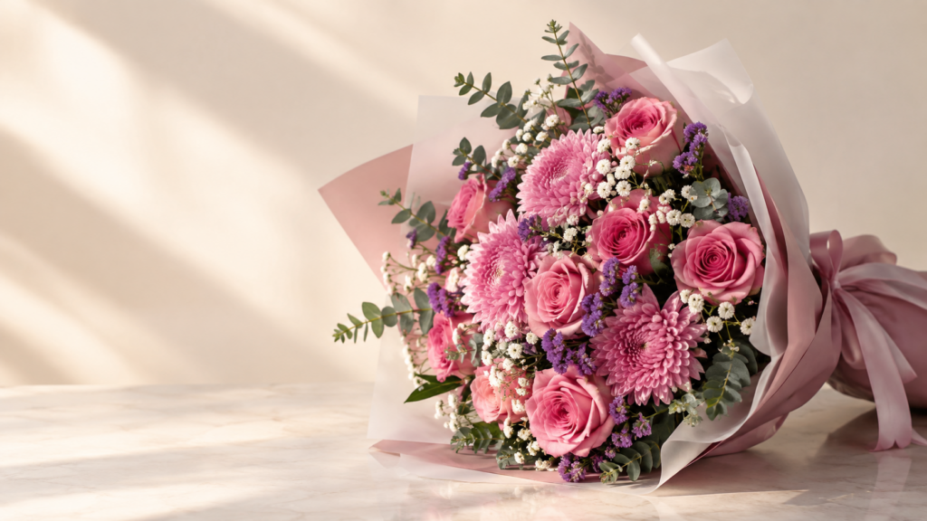 Séléna, la création de la semaine : bouquet de roses roses et freesia blanc